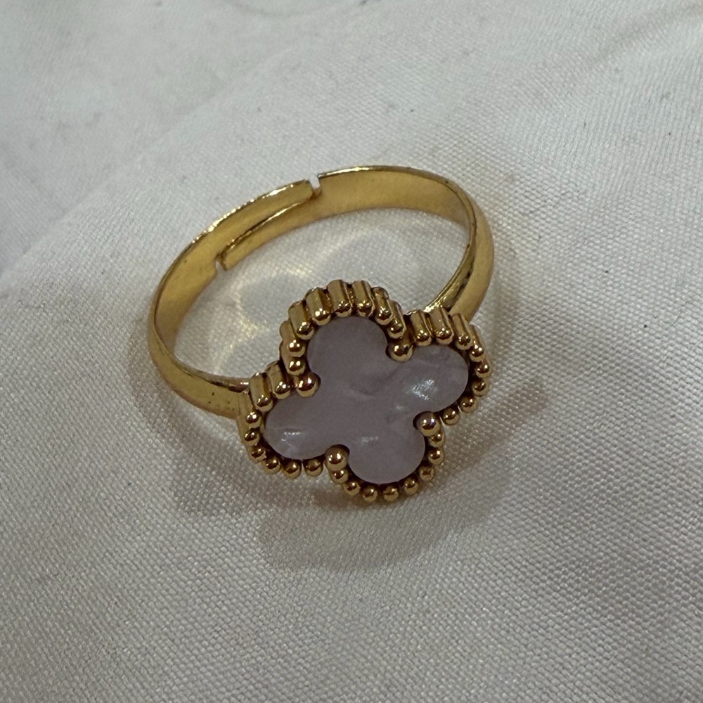 Gold-Tone Clover Ring with Pale Pink Mother-of-Pearl Inlay
